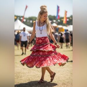 Floral Red white and sage Cotton Green Floral hibiscus 🌺 Women's layered Skirt